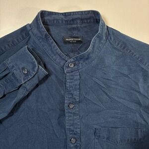 Proper Cloth Band Collar Shirt Medium Slate Blue Albiate Washed Denim Chambray